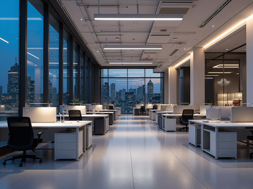 现代化办公空间装修效果图,开放式工位布局,玻璃隔断会议室,白色吊顶配LED照明