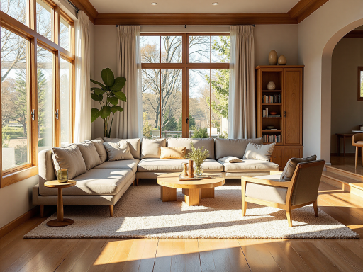 现代简约风格客厅装修效果图,浅色沙发配木质茶几,落地窗采光充足,整体色调温馨舒适