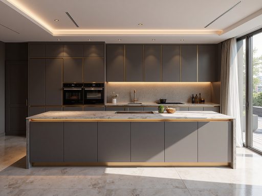现代厨房装修效果图,整体橱柜配石英石台面,嵌入式电器节省空间